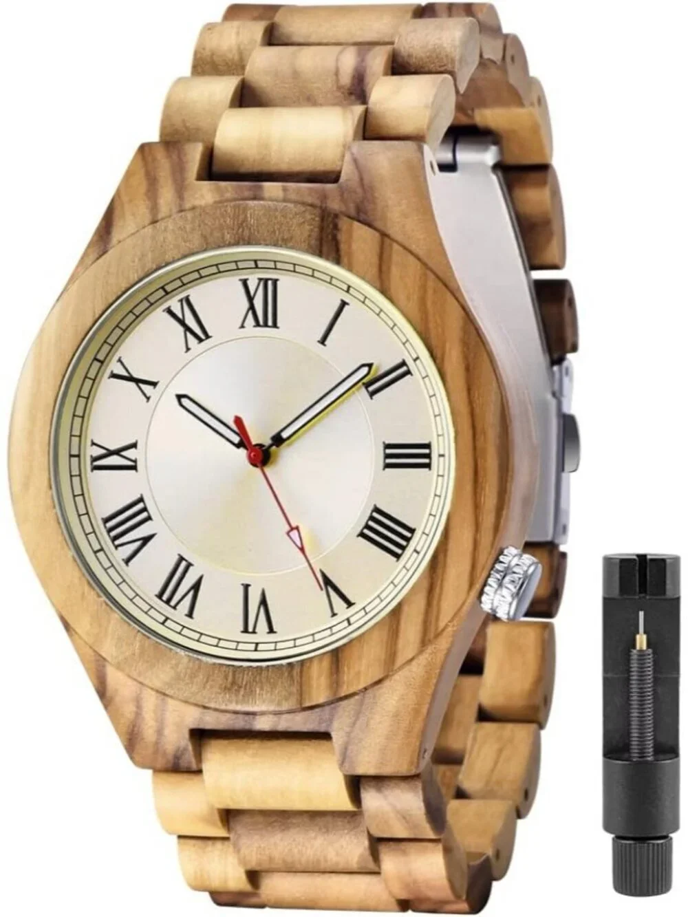 Men's White Brown Classic Handmade Round Bamboo Analog Date Quartz Wooden Watch